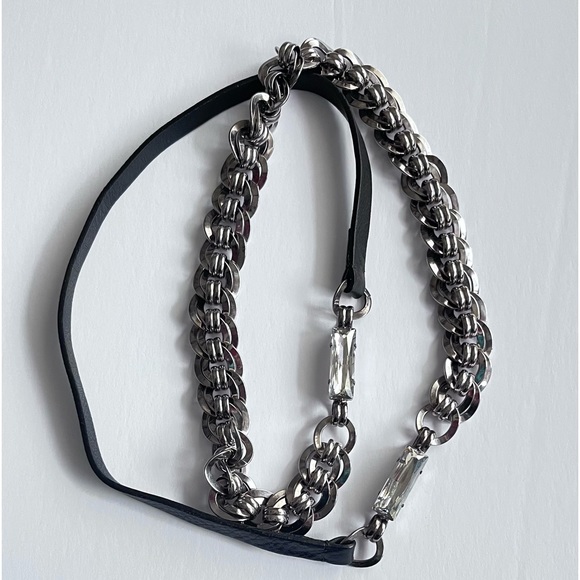 New HELENE ZUBELDIA PARIS Leather Silver Chain with Crystals Necklace - Picture 1 of 7